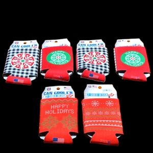 Happy Holidays 2 Sided Design Flip Can Cooler Koozie Set of 6 Red Green White